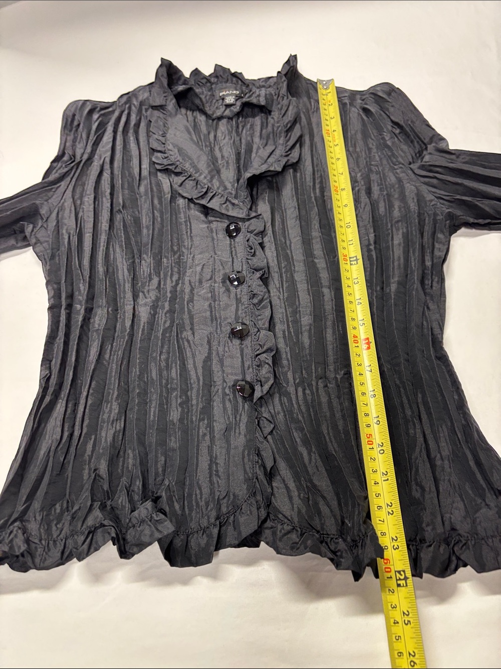 Women's Black Ruffled Button-Front Blouse - Picture 6 of 7